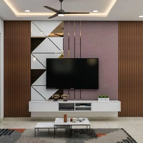 Living room TV wall with wood-fluted side panels flanking a mirrored diamond-pattern insert and mauve textured wallpaper