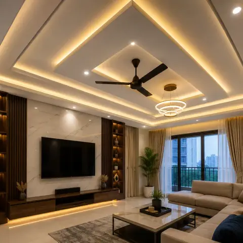 Living room under a diamond-stepped POP ceiling with cove strips, facing a marble TV panel flanked by walnut fluted columns and lit display niches