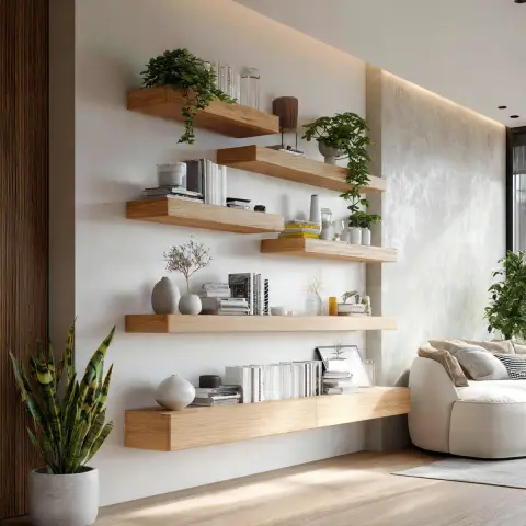 Living-room wall of five staggered oak floating shelves styled with white book spines, ceramic vases and trailing pothos