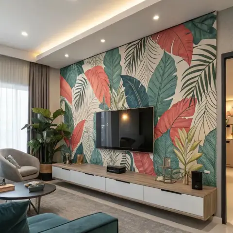 Living room where a coral-and-teal tropical leaf mural covers the whole TV wall, the screen mounted straight onto it above a long wall-hung console with white