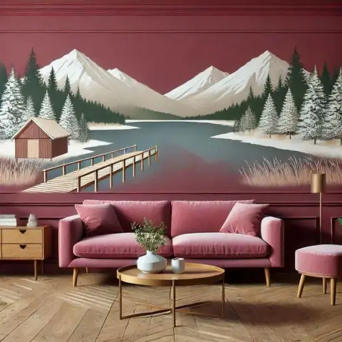 Living room where a snowy mountain-and-jetty mural fills the upper wall above a maroon dado rail, with a dusty-pink velvet sofa