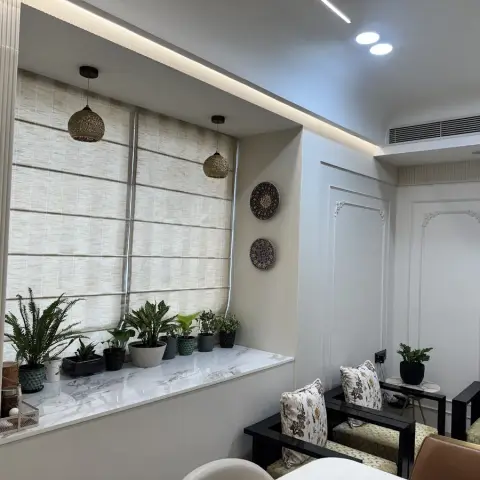 Living room window bay with a marble sill lined end to end with potted ferns under textured roman blinds