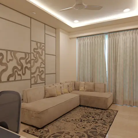 Living room with a 3D organic-swirl textured wall panel above a beige sectional sofa and a patterned area rug
