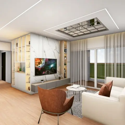 Living room with a backlit marble-effect TV feature wall, built-in display shelving, a mirrored ceiling panel insert, and sheer curtains opening to a balcony.