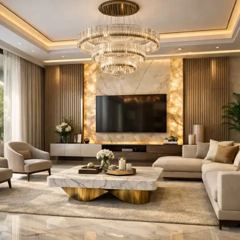 Living room with a backlit onyx-marble TV feature wall flanked by fluted wood panelling, a tiered crystal chandelier