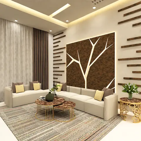 Living room with a backlit tree-branch art panel flanked by staggered wood batten wall cladding