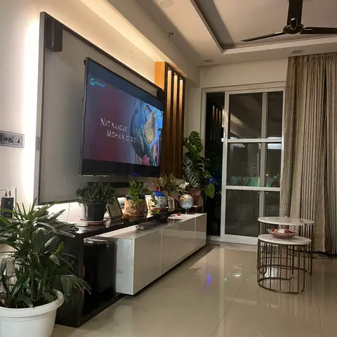 Living room with a backlit TV panel and vertical wood slat divider above a black-and-white gloss console densely styled with potted plants and framed photos