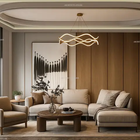 Living room with a beige L-shaped sofa beneath a wave-form pendant light and an oval cove ceiling detail against a wood-panelled wall.