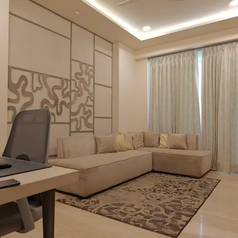 Living room with a beige L-shaped sofa dressed in gold-accent cushions, a sculpted 3D wave-pattern wall panel