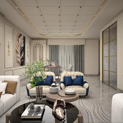 Living room with a beige tufted sofa and navy velvet accent armchairs around a round coffee table, a fluted-and-panelled feature wall