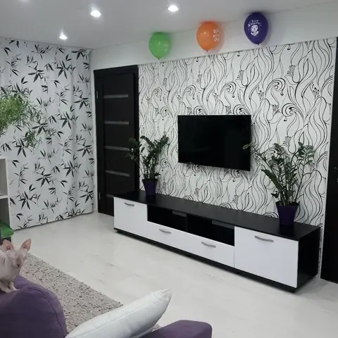 Living room with a black-and-white swirl-pattern feature wallpaper matching curtains, a black-and-white TV console, and a purple sofa with potted plants.