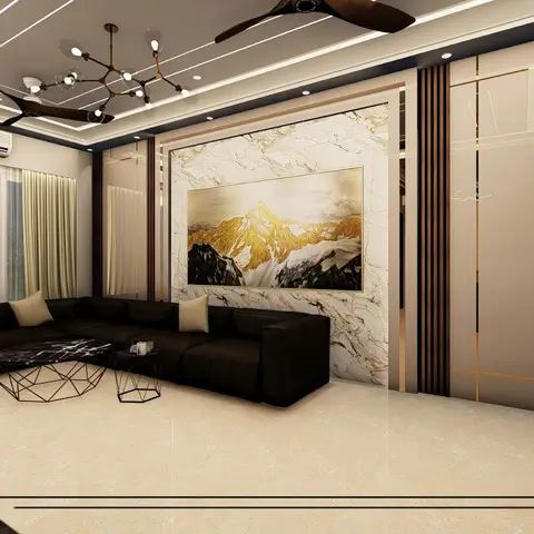 Living room with a black leather L-sofa facing a gold-veined marble feature wall with a large framed mountain artwork
