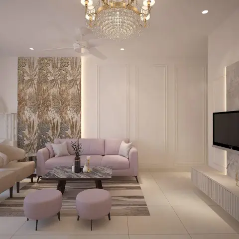 Living room with a blush pink sofa and ottomans, a crystal chandelier, wainscot wall panelling, a botanical wallpaper accent panel