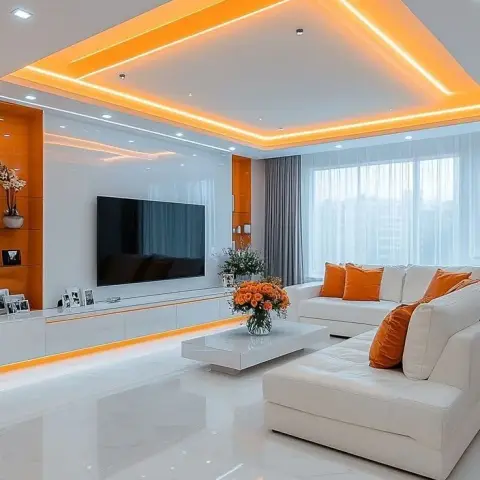 Living room with a bold orange LED-lit stepped false ceiling, a white TV console with matching backlit display niches