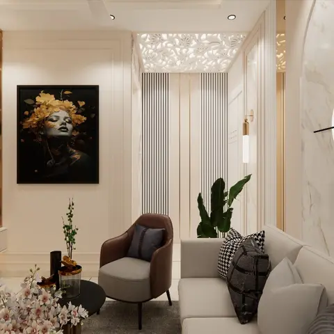 Living room with a book-matched gold-veined marble feature wall, a sculptural wall clock, and a framed portrait artwork beside a backlit display shelf.