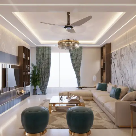 Living room with a bookmatched marble slab feature wall, a cove-lit stepped false ceiling with a crystal chandelier