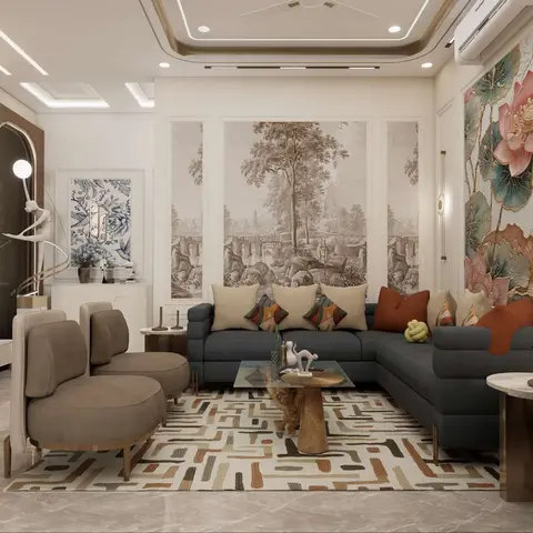Living room with a botanical mural triptych and a raised floral relief art panel flanking a navy-blue sectional sofa on a geometric patterned rug.