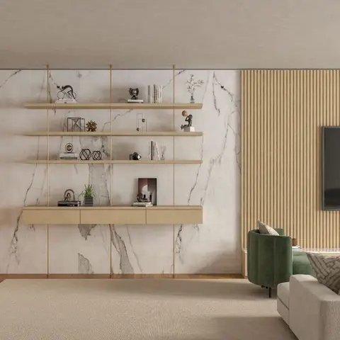 Living room with a brass-framed floating shelf display against a marble slab wall, a fluted-panel TV feature wall, and a glass bar cabinet.