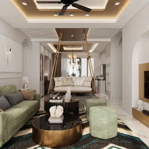 Living room with a brass-framed hanging swing seat suspended from a wood-inset cove ceiling, a sage-green sofa