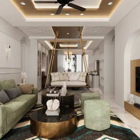 Living room with a brass-framed hanging swing sofa suspended from a wood ceiling beam, a sage-green sofa and matching ottomans on a dark patterned rug