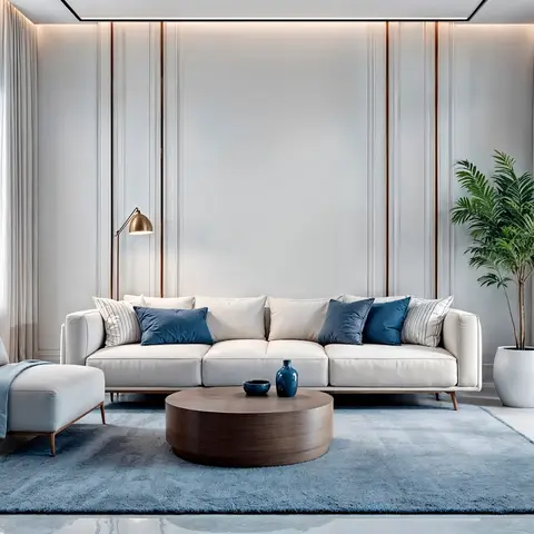Living room with a brass-inlay panelled wall behind a cream sofa and blue-cushioned chaise, on a blue rug beside floor-to-ceiling sheer curtains.