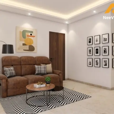 Living room with a brown leather reclining sofa, an arc floor lamp, a curated gallery wall of framed photos, and a black-and-white chevron rug.
