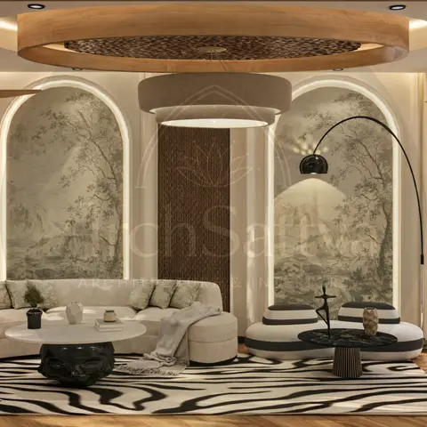 Living room with a circular woven-rattan ceiling feature, arched landscape mural wallpaper panels