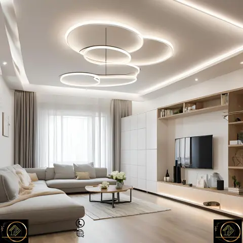 Living room with a cluster of circular LED ring pendants suspended from a stepped cove ceiling above an L-shaped grey sectional