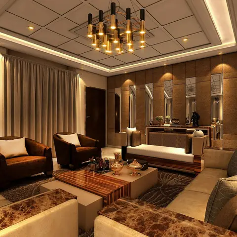 Living room with a coffered cove-lit false ceiling, a tubular brass-and-black chandelier, a fluted bronze mirror-panelled wall
