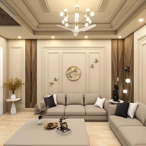 Living room with a coffered POP ceiling, a sputnik-style chandelier, and a wood-panelled feature wall centred on a circular agate wall art piece with metal