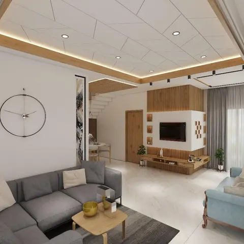 Living room with a cove-lit fluted-wood ceiling insert, a fluted wood-panel TV wall with display niches, a large wall clock