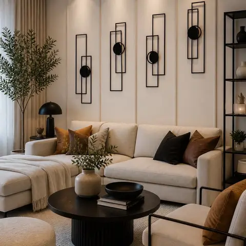 Living room with a cream L-shaped sectional sofa in rust and black cushions, a fluted black round coffee table