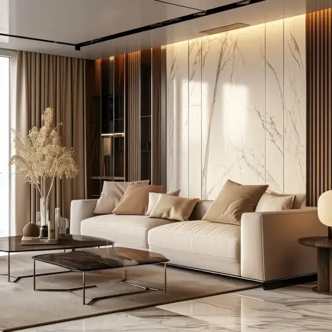 Living room with a cream sofa and armchair around twin dark-stone coffee tables, set against a bookmatched marble feature wall flanked by wood fluted panelling.