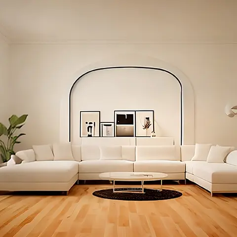 Living room with a cream U-shaped sofa facing an arched wall niche styled with framed graphic art, a round marble-and-brass coffee table