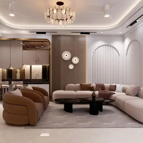 Living room with a curved beige sectional sofa and tan swivel armchairs around black nested coffee tables, fluted wood wall panelling with an arched niche
