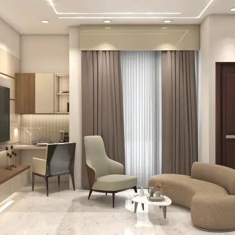 Living room with a curved beige bouclé sofa and sage accent chair around an oval coffee table, floor-to-ceiling taupe curtains
