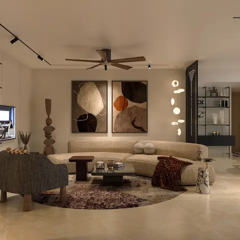Living room with a curved boucle sectional sofa around a round patterned rug, a dark open shelving TV unit