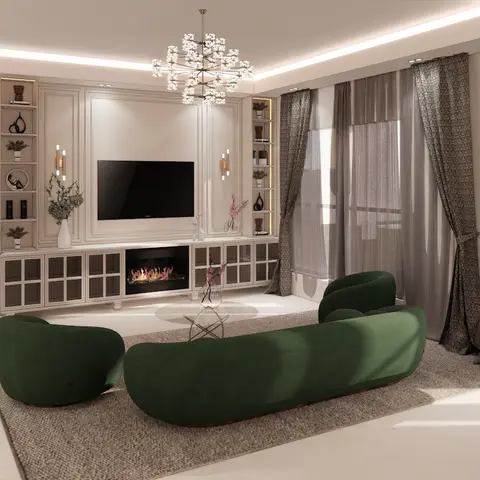 Living room with a curvy emerald-green velvet sofa facing a panelled TV wall with a built-in fireplace, beneath a dandelion-style chandelier.