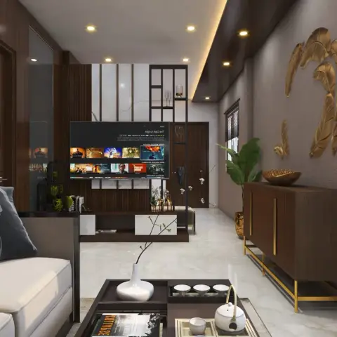 Living room with a dark wood-panelled TV console flanked by a marble-and-black-frame partition screen
