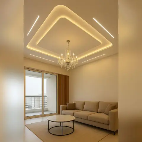 Living room with a diamond-shaped LED profile false ceiling framing a crystal chandelier, a beige sofa around a round marble-top coffee table