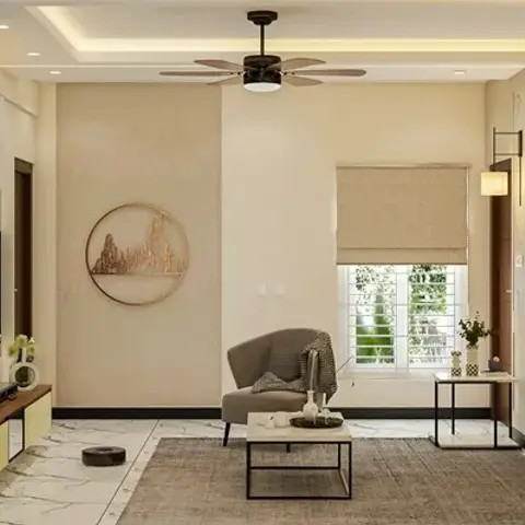 Living room with a floating walnut TV console, a circular metal mountain-scene wall art piece on a two-tone accent wall