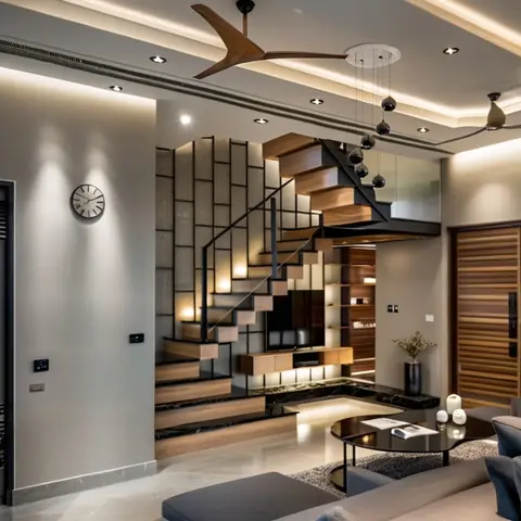 Living room with a floating wood-and-black-metal staircase against a gridded stone feature wall, a built-in TV console tucked beneath it
