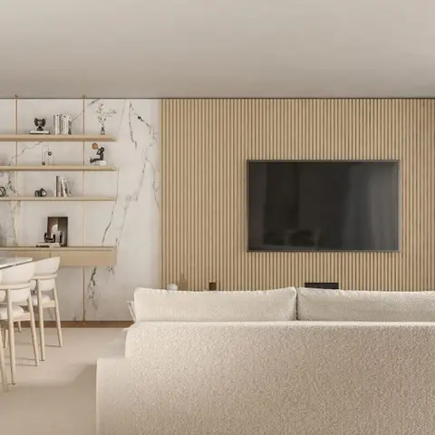 Living room with a fluted timber TV feature wall, a bouclé sofa, and an adjoining marble bar wall with brass-framed floating display shelves