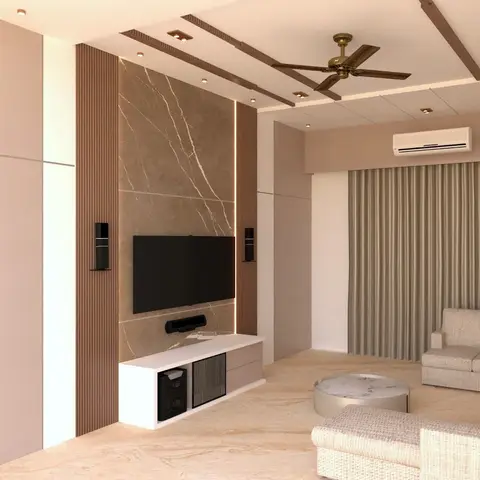 Living room with a fluted wood and marble-slab TV wall, a wood-strip false ceiling with a brass ceiling fan