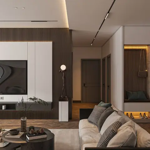 Living room with a fluted wood-panel TV feature wall, herringbone parquet flooring, a beige sofa styled with houndstooth cushions