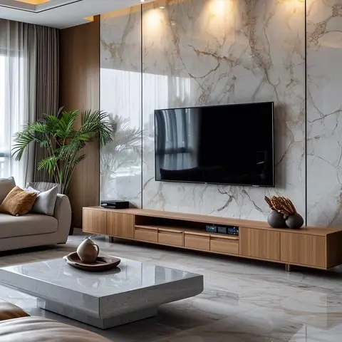 Living room with a full-height book-matched marble slab wall behind a wall-mounted TV, a warm wood floating console below