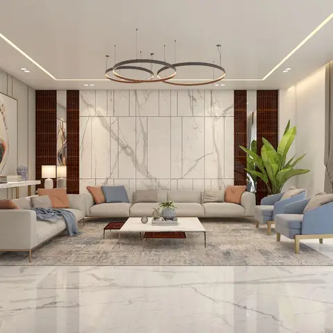 Living room with a full-height marble slab feature wall flanked by dark wood fluted pilasters and a statement ring pendant chandelier.