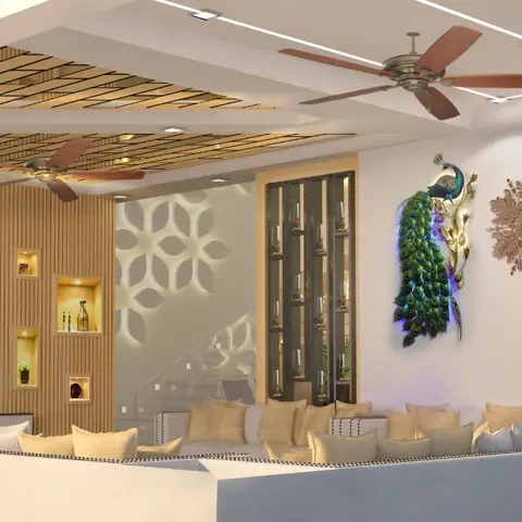 Living room with a gold lattice ceiling inlay, a dark marble TV feature wall, wood slat and floral CNC-panel side wall
