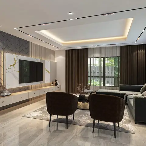 Living room with a gold-veined marble TV feature wall flanked by black herringbone tile cladding, a linear ceiling light profile framing a cove ceiling