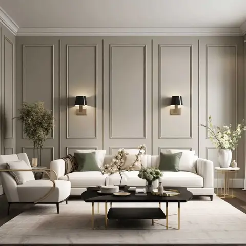 Living room with a greige moulded panel wall lit by twin black-shade sconces, a cream sofa with sage cushions, and a black-and-brass nesting coffee table.